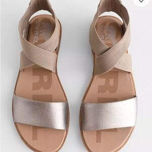 Sorel Ella Women's Leather Sandals In Beige and Metallic, Size 9